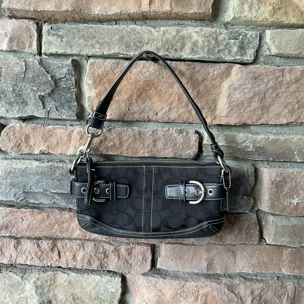 Coach Black Signature Canvas Shoulder Bag with Silver Hardware
